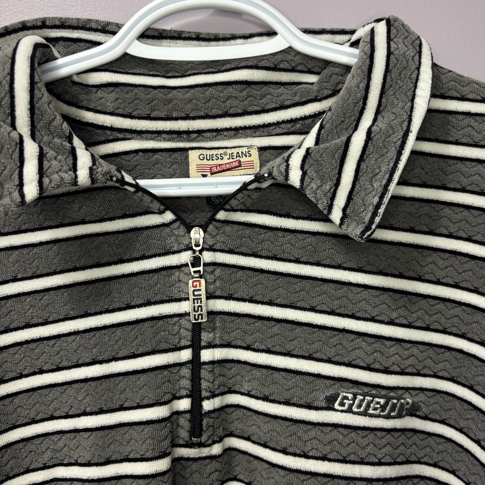 Vintage Guess Jeans Striped Quarter Zip Polo Long Sleeve Velour Textured Shirt - Picture 4 of 5